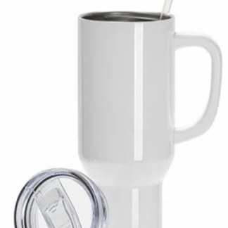 Tavel Mug - 40oz SS Travel Tumbler with Clear Flat Lid & Handle (White)